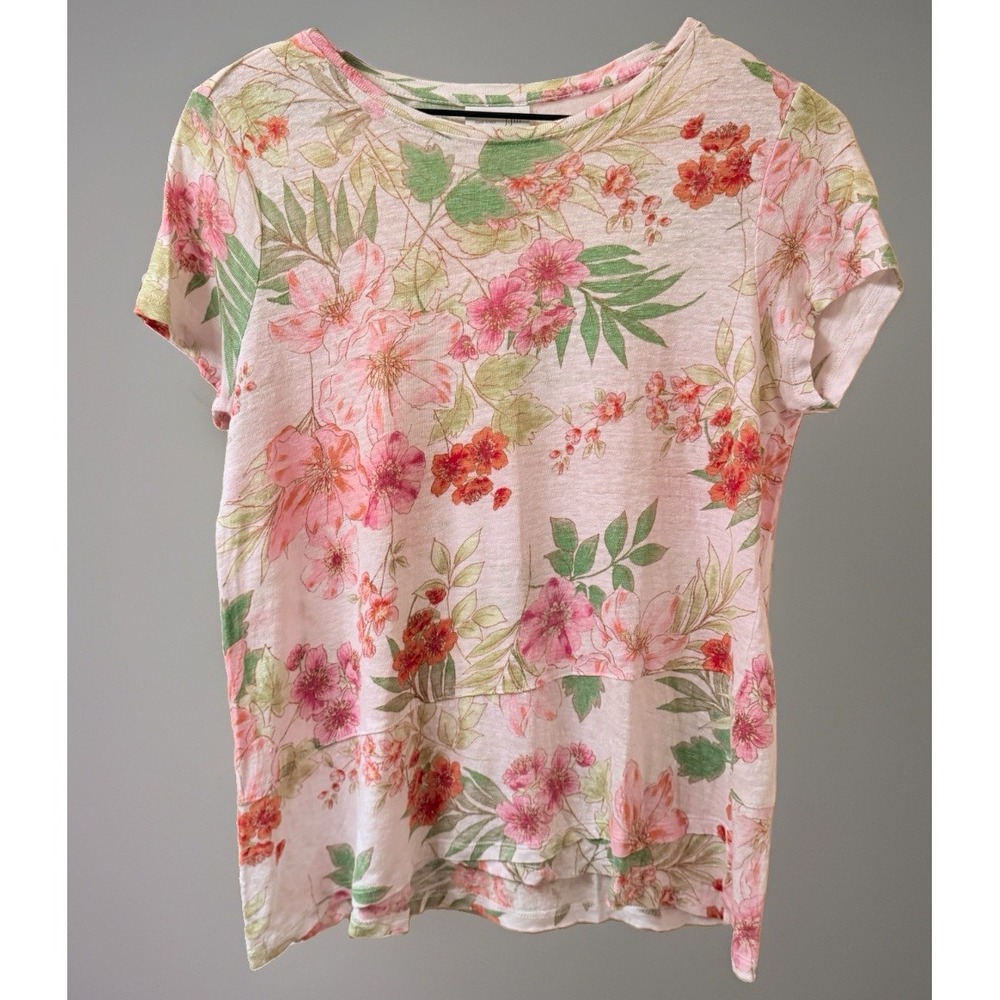J Jill Love Linen Floral Short Sleeve Tee Shirt Top Small Pink Green 100% Linen